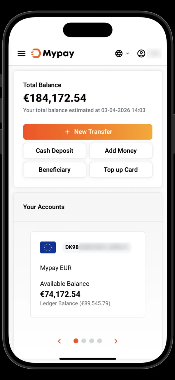 Η εφαρμογή MyPay, με υπόλοιπο, στοιχεία λογαριασμού και επιλογή νέας μεταφοράς
